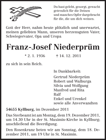 Traueranzeige von Franz-Josef Niederprüm von TRIERISCHER VOLKSFREUND