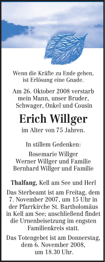 Traueranzeige von Erich Willger von TRIERISCHER VOLKSFREUND