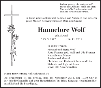 Traueranzeige von Hannelore Wolf von TRIERISCHER VOLKSFREUND