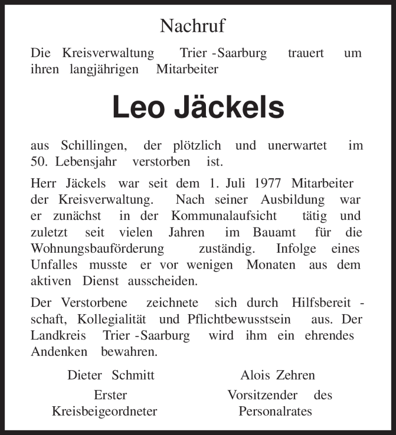 Traueranzeigen von Leo Jäckels Volksfreund.Trauer.de