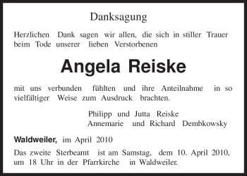 Traueranzeige von Angela Reiske von TRIERISCHER VOLKSFREUND