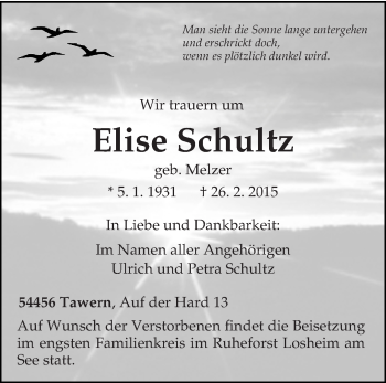 Traueranzeige von Elise Schultz von trierischer_volksfreund