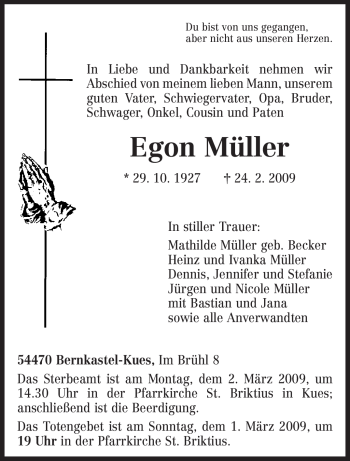 Traueranzeige von Egon Müller von TRIERISCHER VOLKSFREUND