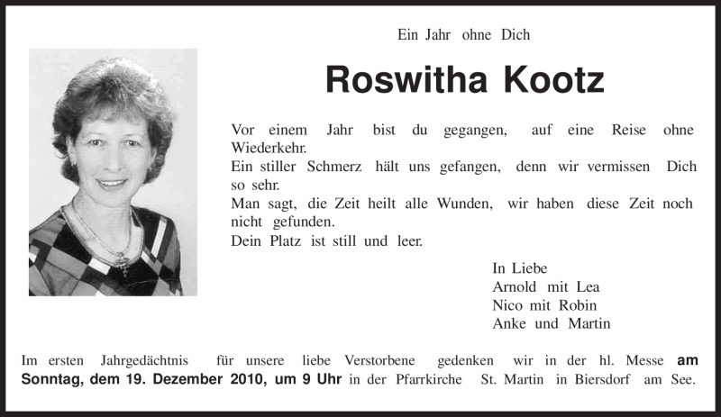  Traueranzeige für Roswitha Kootz vom 11.12.2010 aus TRIERISCHER VOLKSFREUND