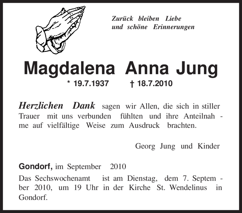  Traueranzeige für Magdalena Anna Jung vom 04.09.2010 aus TRIERISCHER VOLKSFREUND