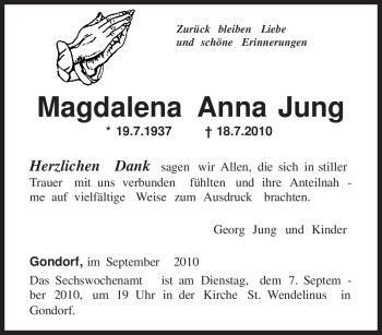 Traueranzeige von Magdalena Anna Jung von TRIERISCHER VOLKSFREUND