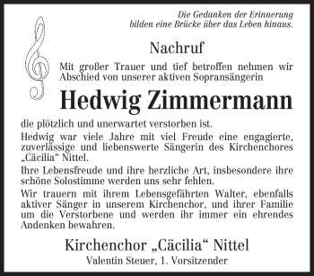 Traueranzeige von Hedwig Zimmermann von TRIERISCHER VOLKSFREUND