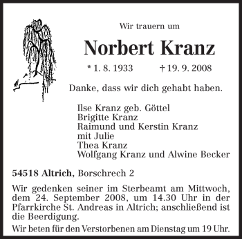 Traueranzeige von Norbert Kranz von TRIERISCHER VOLKSFREUND