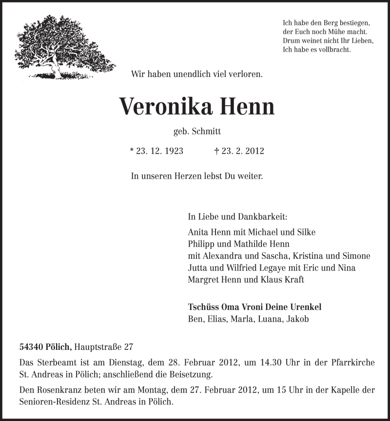  Traueranzeige für Veronika Henn vom 25.02.2012 aus TRIERISCHER VOLKSFREUND