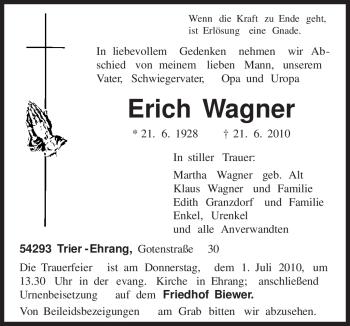 Traueranzeige von Erich Wagner von TRIERISCHER VOLKSFREUND