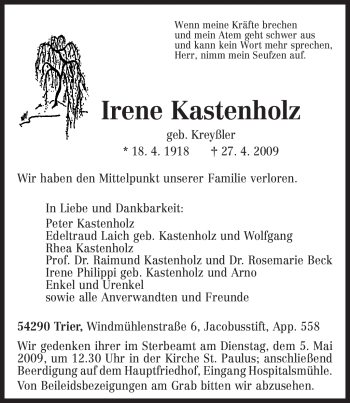Traueranzeige von Irene Kastenholz von TRIERISCHER VOLKSFREUND