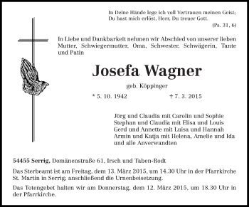 Traueranzeige von Josefa Wagner von trierischer_volksfreund