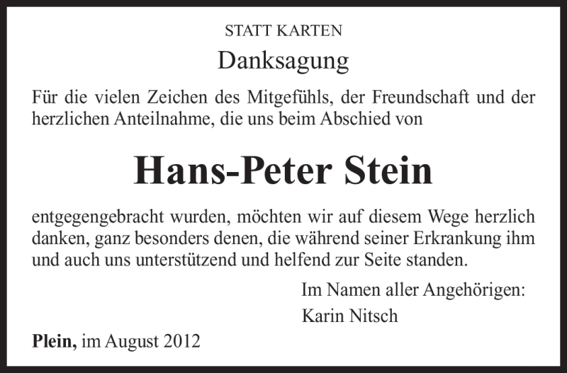  Traueranzeige für Hans-Peter Stein vom 01.08.2012 aus TRIERISCHER VOLKSFREUND