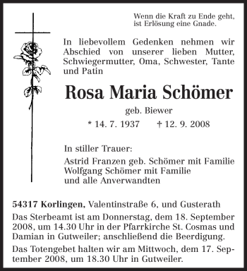 Traueranzeige von Rosa Maria Schömer von TRIERISCHER VOLKSFREUND