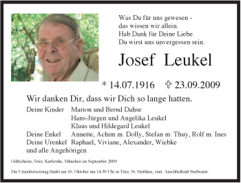Traueranzeige von Josef Leukel von TRIERISCHER VOLKSFREUND