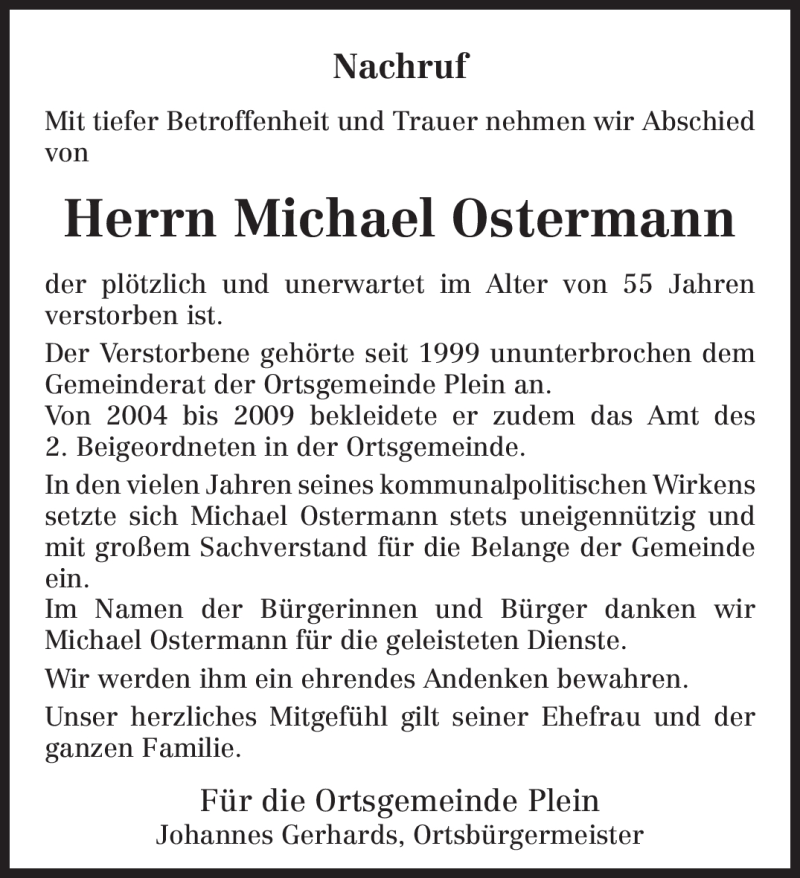  Traueranzeige für Michael Ostermann vom 03.05.2012 aus TRIERISCHER VOLKSFREUND
