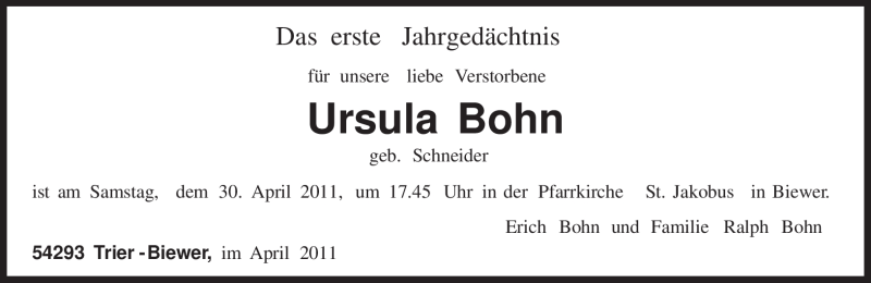  Traueranzeige für Ursula Bohn vom 26.04.2011 aus TRIERISCHER VOLKSFREUND