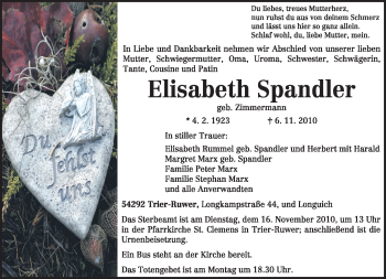 Traueranzeige von Elisabeth Spandler von TRIERISCHER VOLKSFREUND