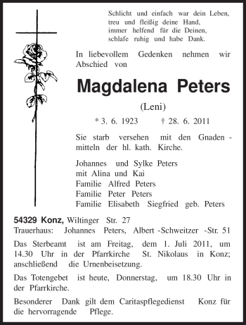 Traueranzeige von Magdalena Peters von TRIERISCHER VOLKSFREUND