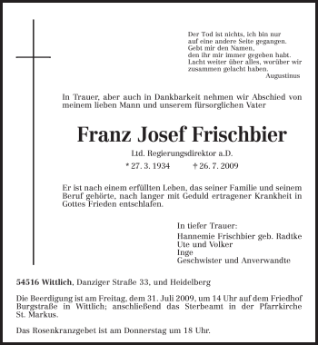 Traueranzeige von Franz Josef Frischbier von TRIERISCHER VOLKSFREUND