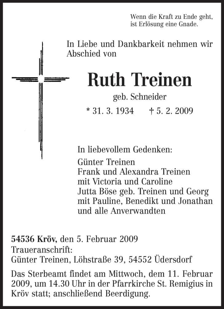  Traueranzeige für Ruth Treinen vom 09.02.2009 aus TRIERISCHER VOLKSFREUND