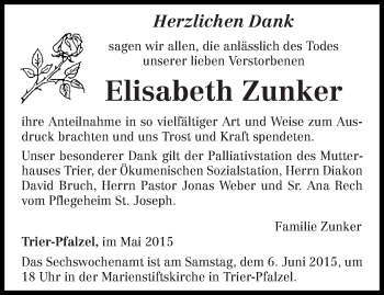 Traueranzeige von Elisabeth Zunker von trierischer_volksfreund