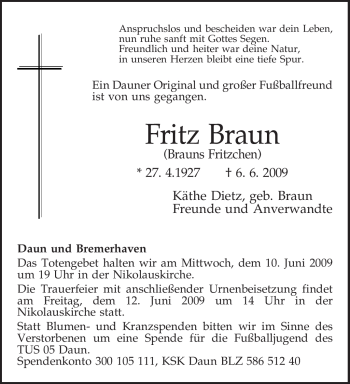 Traueranzeige von Fritz Braun von TRIERISCHER VOLKSFREUND