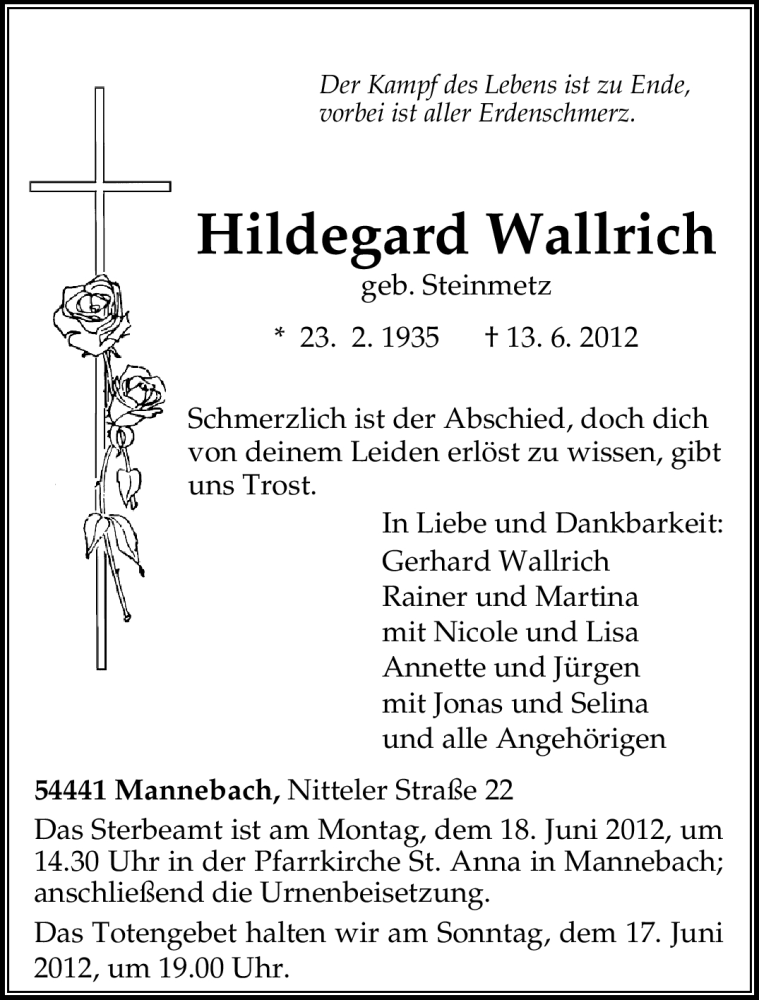  Traueranzeige für Hildegard Wallrich vom 15.06.2012 aus TRIERISCHER VOLKSFREUND