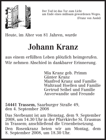Traueranzeige von Johann Kranz von TRIERISCHER VOLKSFREUND