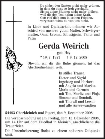 Traueranzeige von Gerda Weirich von TRIERISCHER VOLKSFREUND