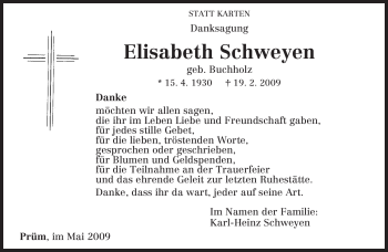 Traueranzeige von Elisabeth Schweyen von TRIERISCHER VOLKSFREUND