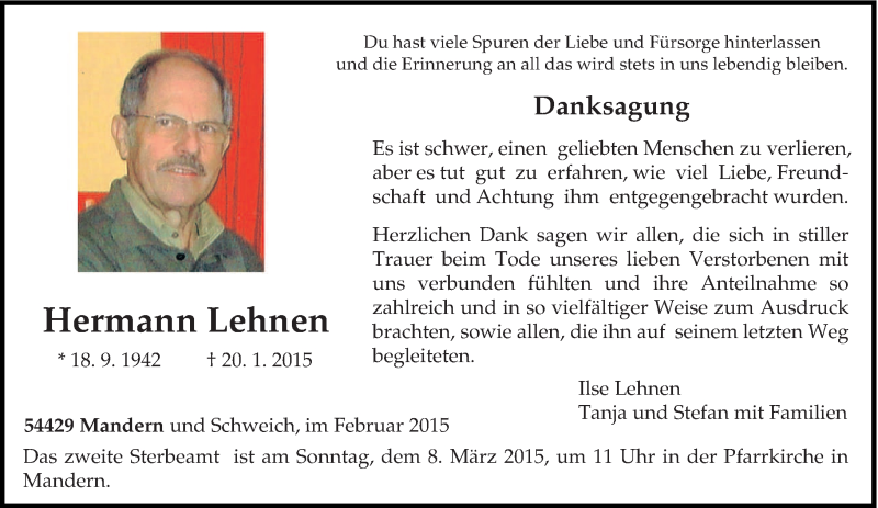  Traueranzeige für Hermann Lehnen vom 28.02.2015 aus trierischer_volksfreund