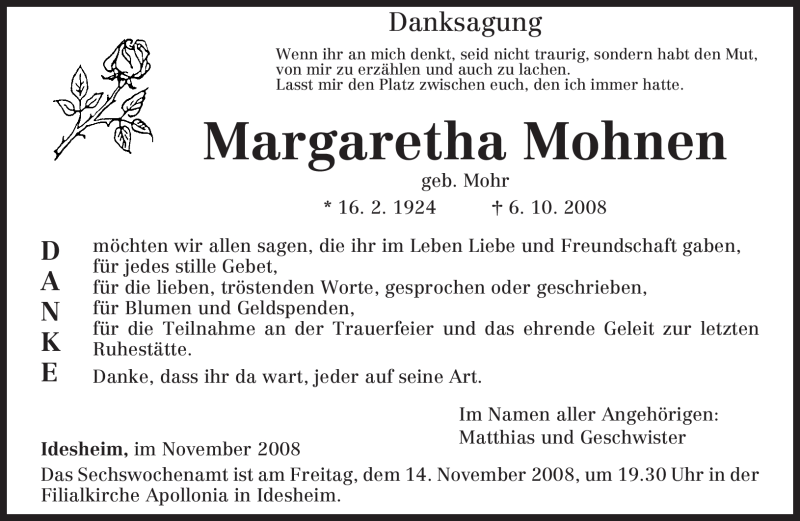  Traueranzeige für Margaretha Mohnen vom 08.11.2008 aus TRIERISCHER VOLKSFREUND