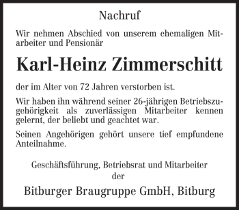 Traueranzeige von Karl-Heinz Zimmerschitt von TRIERISCHER VOLKSFREUND