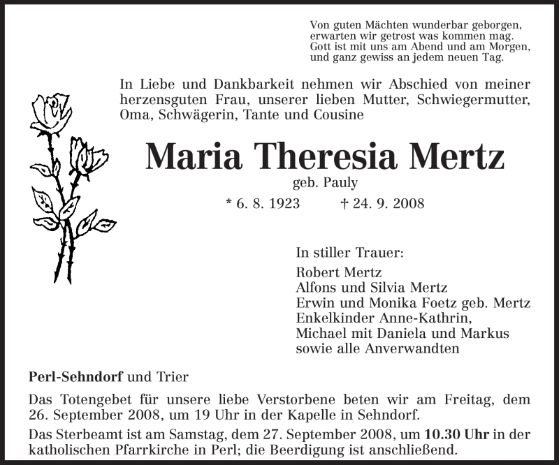  Traueranzeige für Maria Theresia Mertz vom 26.09.2008 aus TRIERISCHER VOLKSFREUND