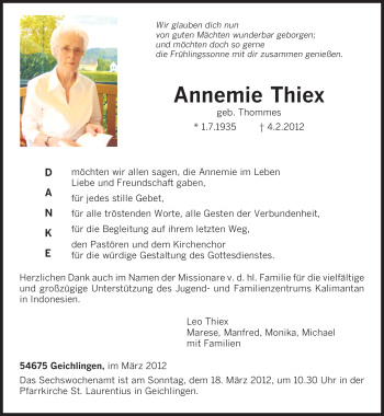 Traueranzeige von Annemie Thiex von TRIERISCHER VOLKSFREUND
