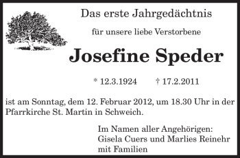 Traueranzeige von Josefine Speder von TRIERISCHER VOLKSFREUND