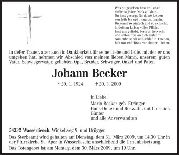 Traueranzeige von Johann Becker von TRIERISCHER VOLKSFREUND