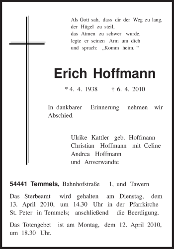 Traueranzeige von Erich Hoffmann von TRIERISCHER VOLKSFREUND