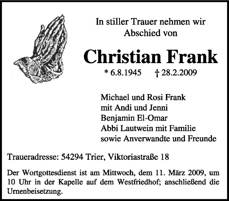  Traueranzeige für Christian Frank vom 07.03.2009 aus TRIERISCHER VOLKSFREUND
