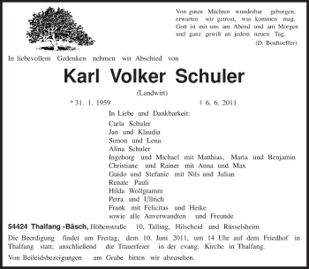 Traueranzeige von Karl Volker Schuler von TRIERISCHER VOLKSFREUND