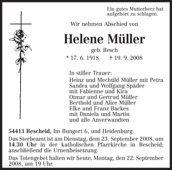 Traueranzeige von Helene Müller von TRIERISCHER VOLKSFREUND