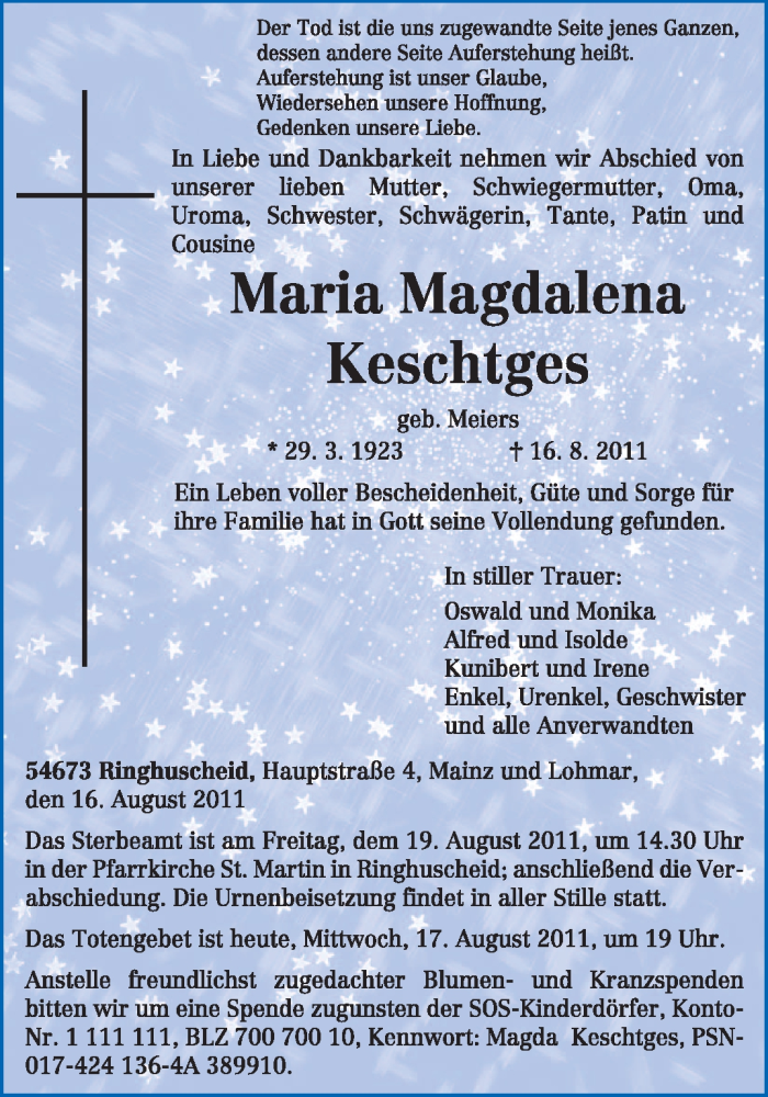  Traueranzeige für Maria Magdalena Keschtges vom 17.08.2011 aus TRIERISCHER VOLKSFREUND
