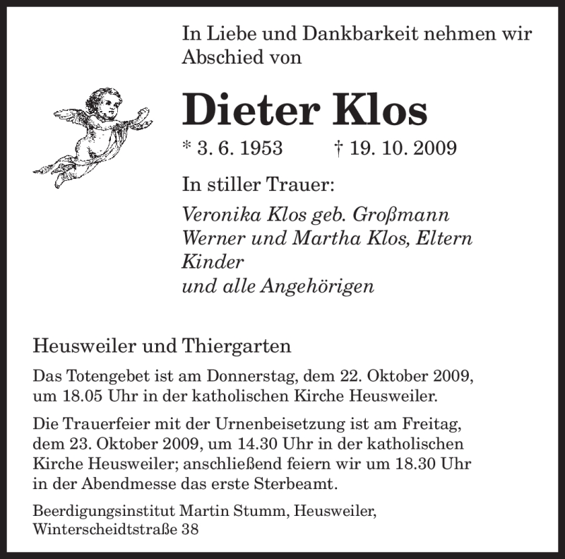  Traueranzeige für Dieter Klos vom 21.10.2009 aus TRIERISCHER VOLKSFREUND