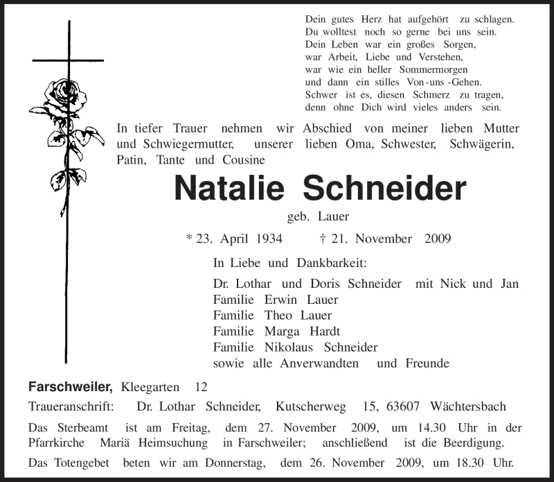  Traueranzeige für Natalie Schneider vom 23.11.2009 aus TRIERISCHER VOLKSFREUND