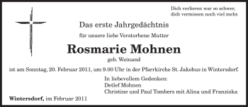 Traueranzeige von Rosmarie Mohnen von TRIERISCHER VOLKSFREUND