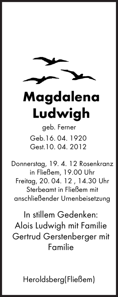  Traueranzeige für Magdalena Ludwigh vom 19.04.2012 aus TRIERISCHER VOLKSFREUND