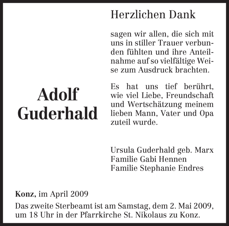  Traueranzeige für Adolf Guderhald vom 29.04.2009 aus TRIERISCHER VOLKSFREUND