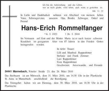Traueranzeige von Hans-Erich Rommelfanger von TRIERISCHER VOLKSFREUND
