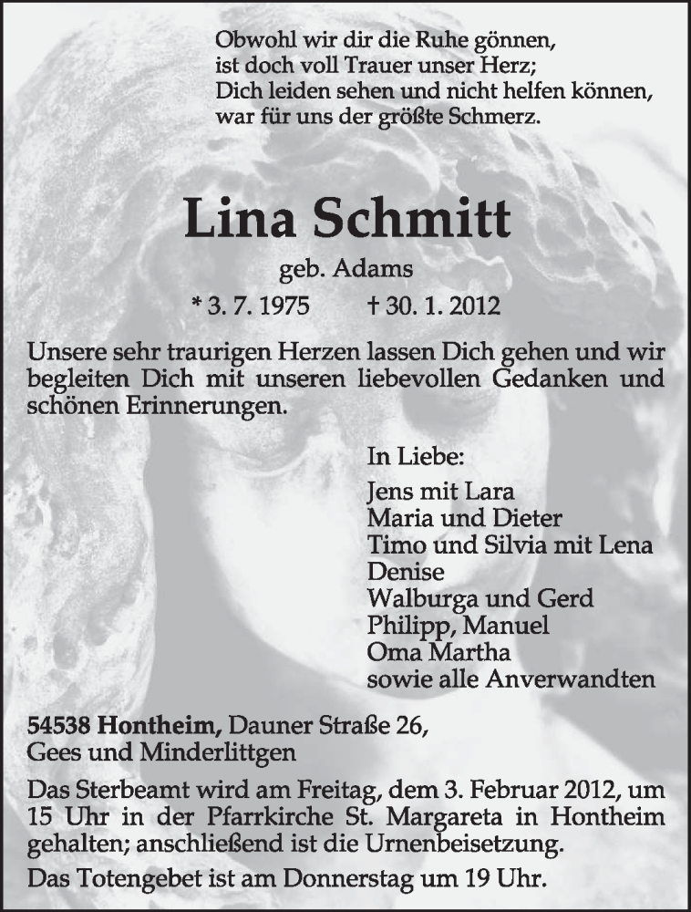  Traueranzeige für Lina Schmitt vom 01.02.2012 aus TRIERISCHER VOLKSFREUND